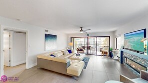 Smart TV, fireplace, books, video library