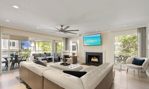 Smart TV, fireplace, books, video library