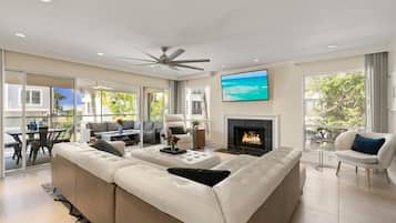 Smart TV, chimenea, libros y videoteca