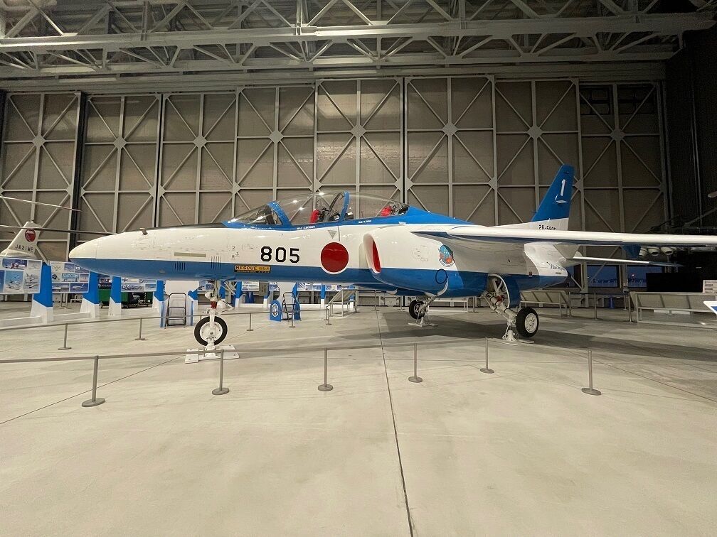 Un avion de chasse portant le numéro 805 sur son fuselage est garé à l’intérieur d’un hangar.