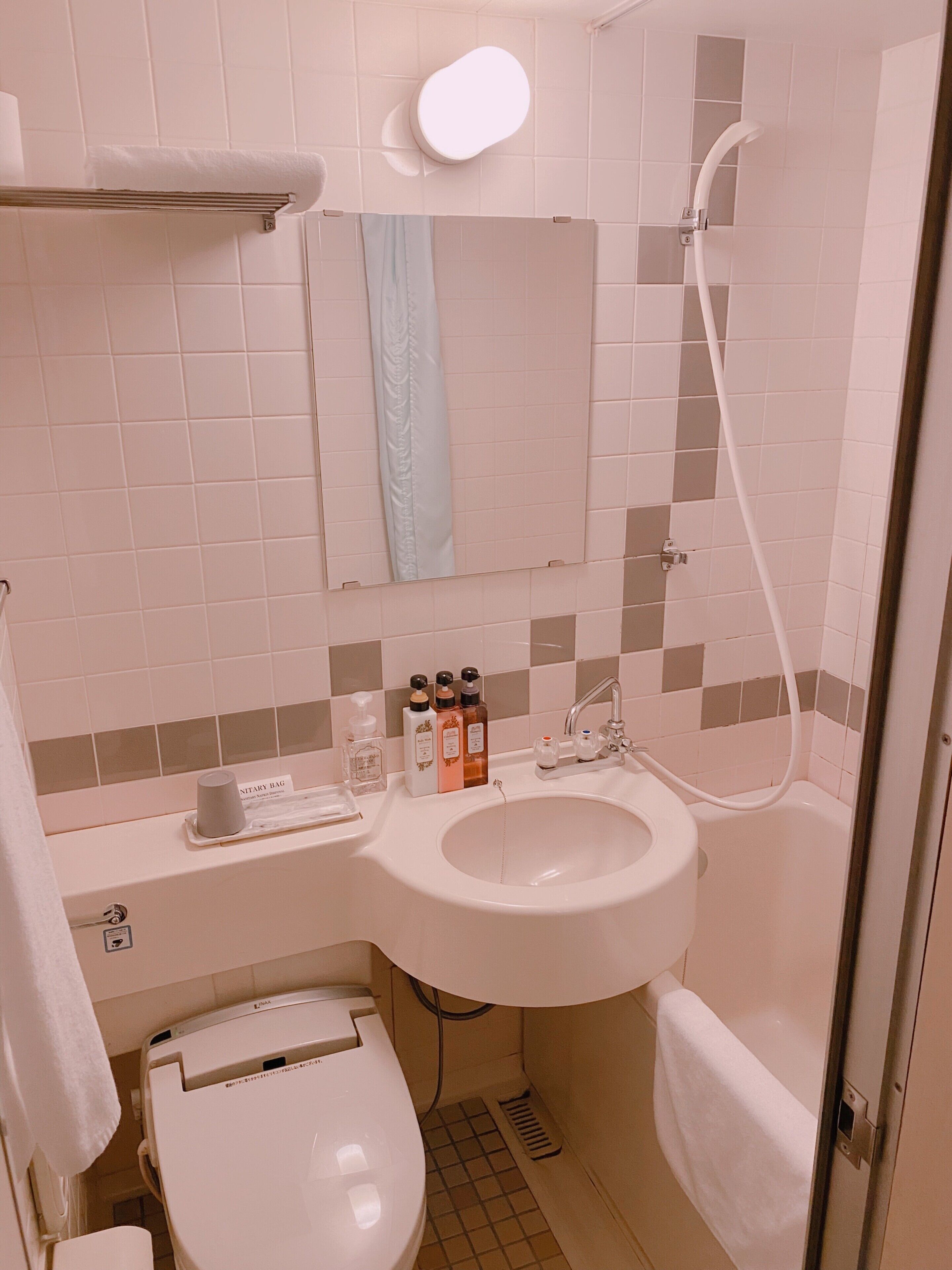 Une salle de bain équipée de toilettes, d’un lavabo et d’une douche. On trouve des articles de toilette sur le comptoir du lavabo.
