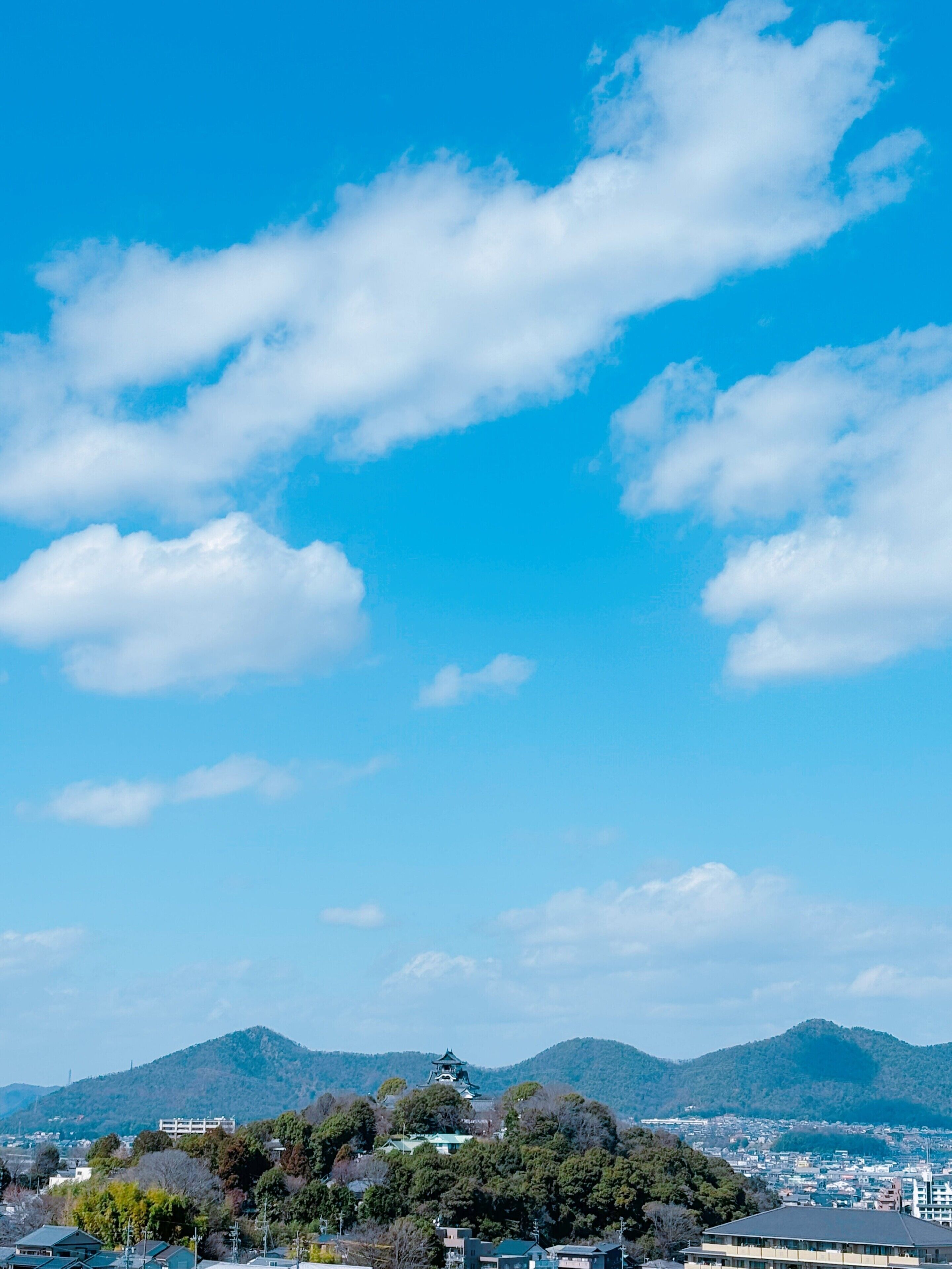 A view of a town with a prominent pagoda on a hill, surrounded by buildings and greenery.