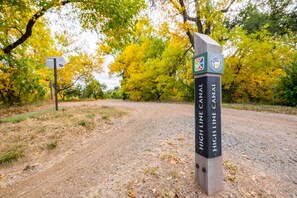 A dirt path leading to a signpost with 'High Line Canal' written on it, surrounded by autumn foliage.