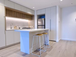City Apartment, 1 King Bed with Sofa bed | Private kitchen | Full-size fridge, microwave, oven, stovetop