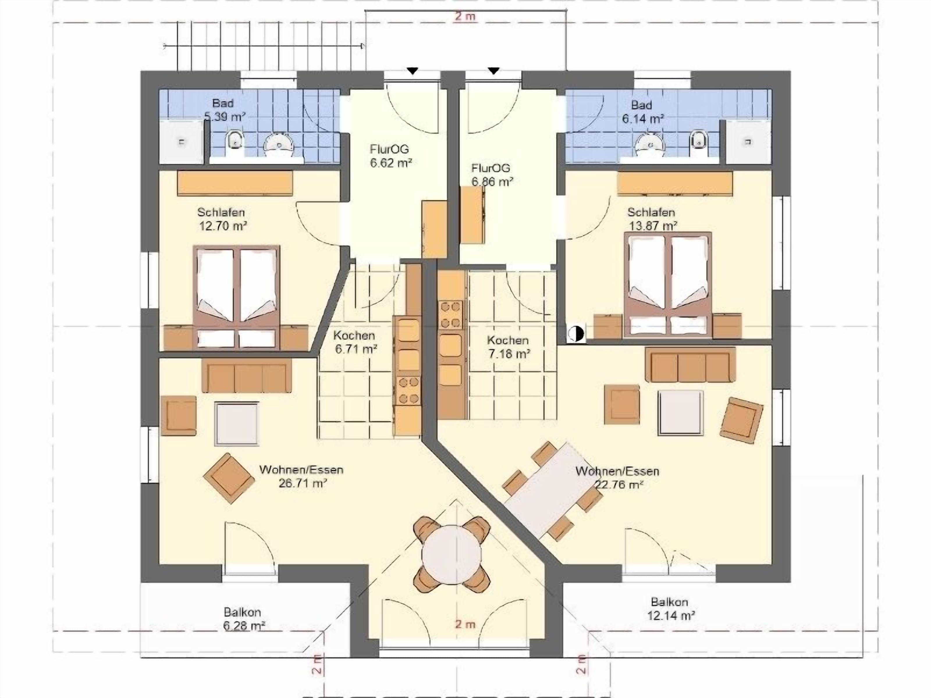 Grundriss eines Hotels mit zwei Schlafzimmern, zwei Bädern, einer Küche, einem Wohnbereich und einem Balkon.