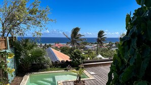 A rooftop pool with a view of the ocean and palm trees. - Plein la vue (Saint-Pierre)