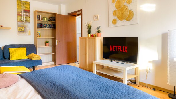 A modern bedroom with a large bed, a TV displaying 'NETFLIX', a bookshelf, and a door leading to another room. - Cozy 1-bedroom apartment in enjoyable Bucharest with WiFi, AC (București)