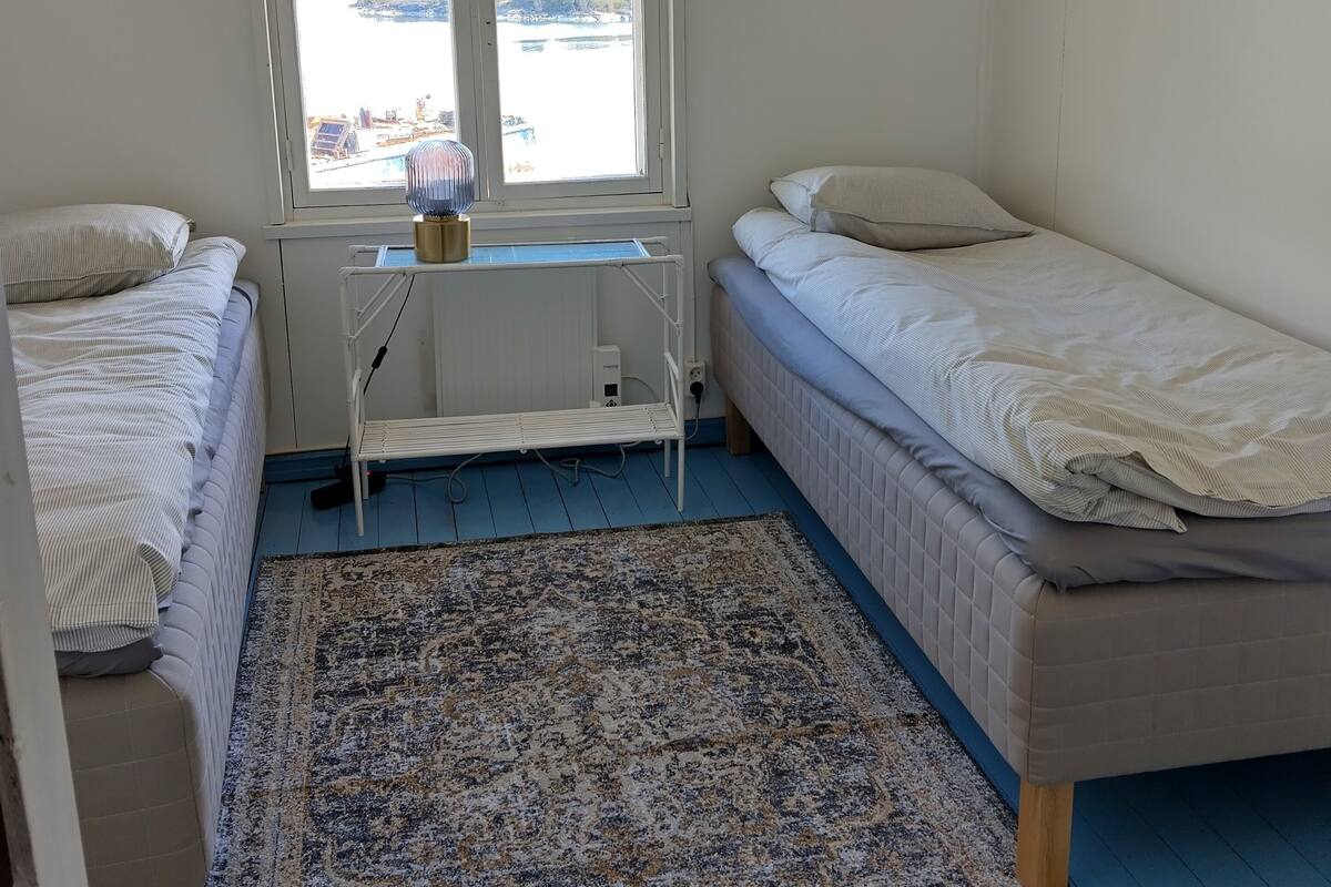 A small, clean room with two single beds, a large window with a view of a body of water, and a patterned rug on the floor.