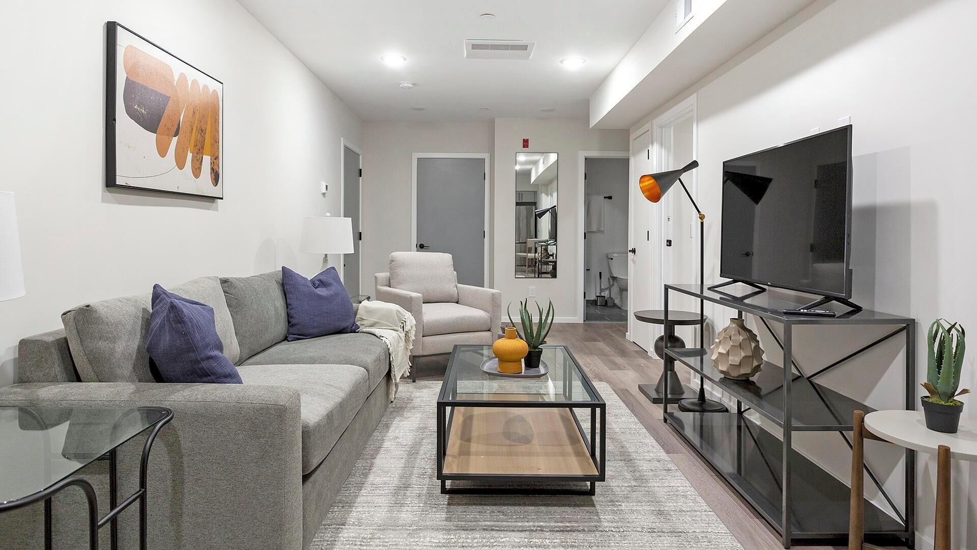 A modern living room with a grey sofa, a coffee table, a TV on a stand, and a plant on a side table.