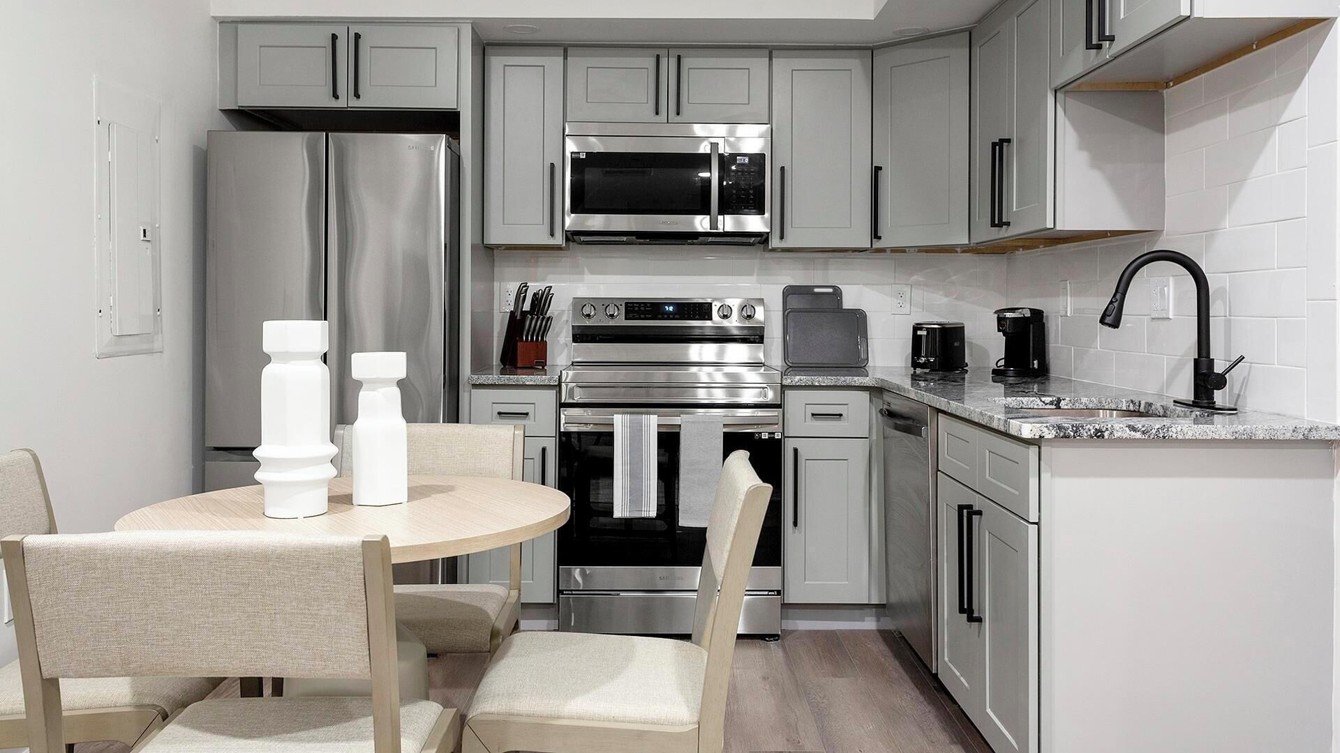 Fridge, dining tables