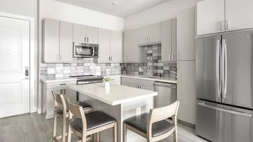 Fridge, dining tables