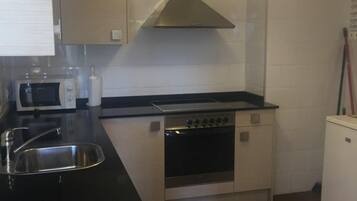 Een microgolfoven, een oven, een kookplaat, een vaatwasser