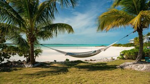 A hammock between palm trees on a beach with clear turquoise water and a white sandy shore.