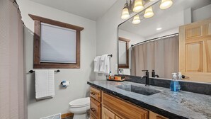 Un baño con inodoro blanco, armarios de madera, encimera negra y un espejo grande.
