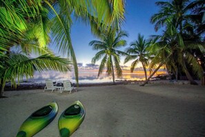 A beach with palm trees, a sunset, and kayaks on the sand.