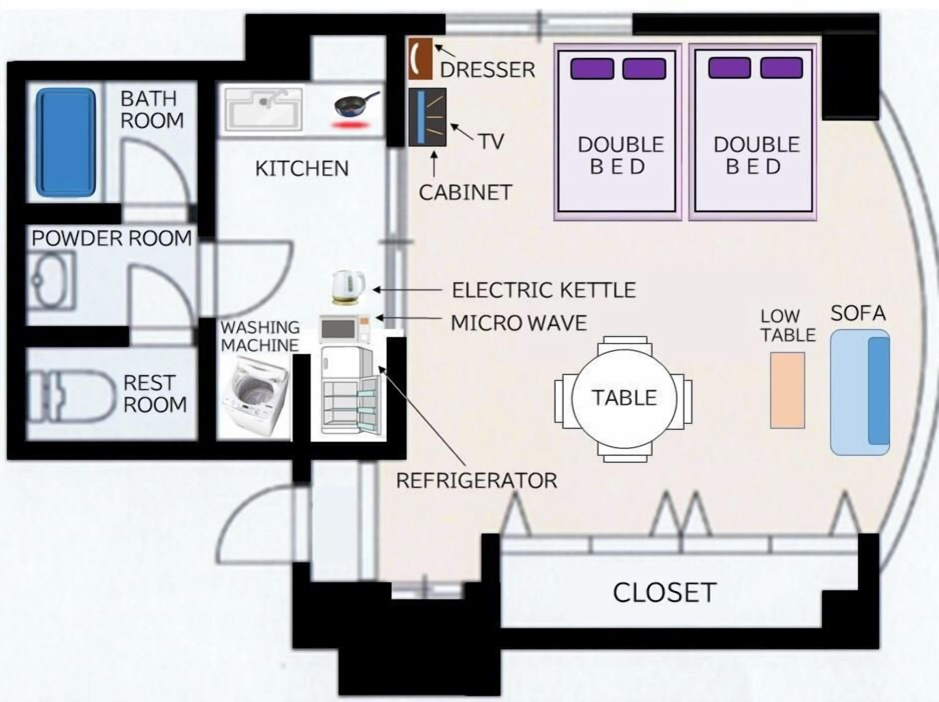 A floor plan of a hotel room with a bathroom, kitchen, powder room, rest room, closet, and a table with a sofa.