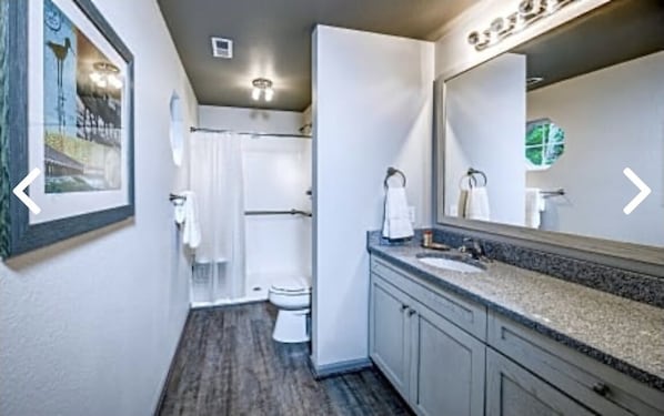 Shower, hair dryer, towels, toilet paper