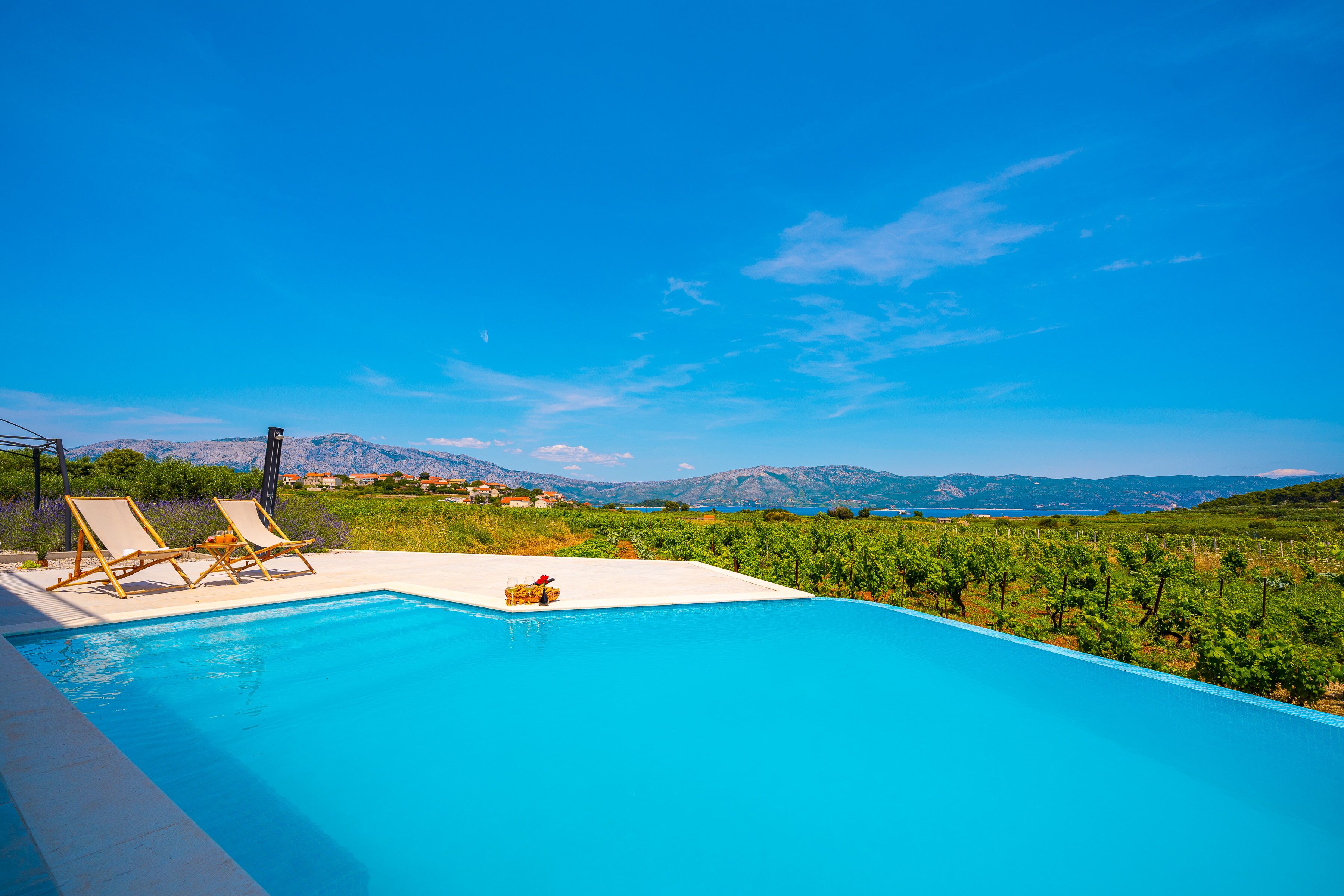 A swimming pool with two lounge chairs and a small table, surrounded by a vineyard and mountains in the background.