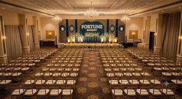 A banquet hall with rows of chairs, a stage with floral arrangements, and a sign reading 'FORTUNE BANQUET'.