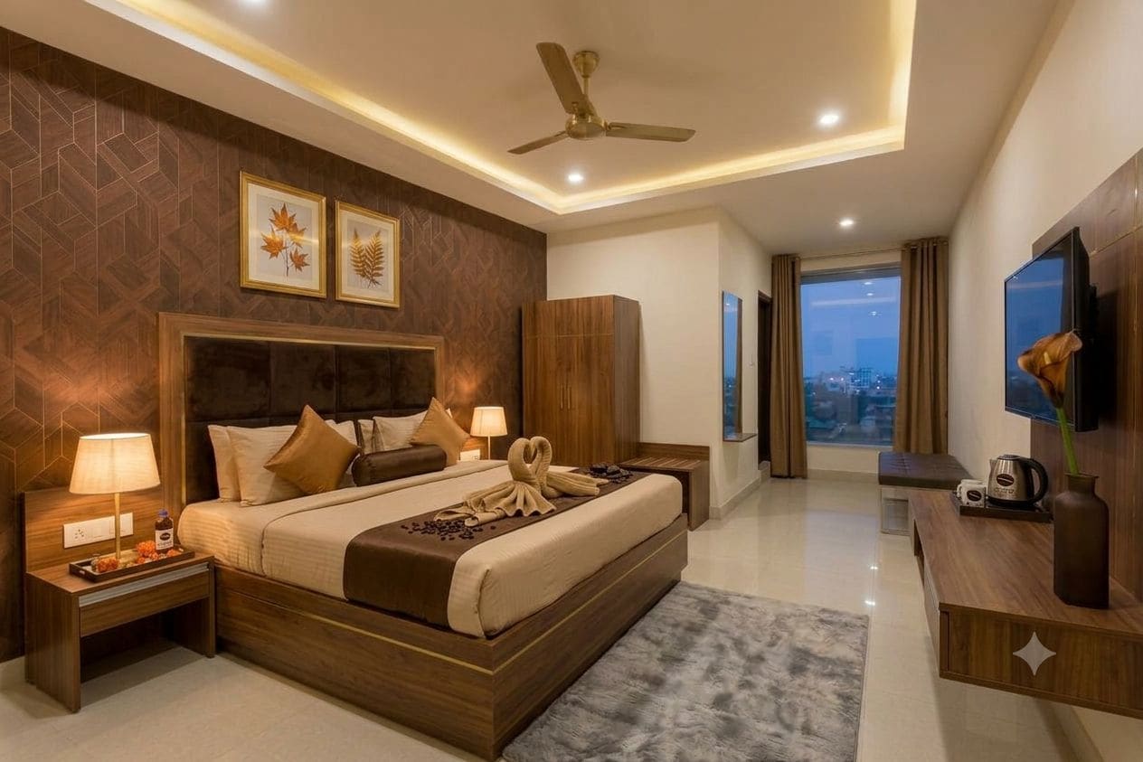 A modern hotel room with a large bed, a flat-screen TV, a ceiling fan, and a city view.