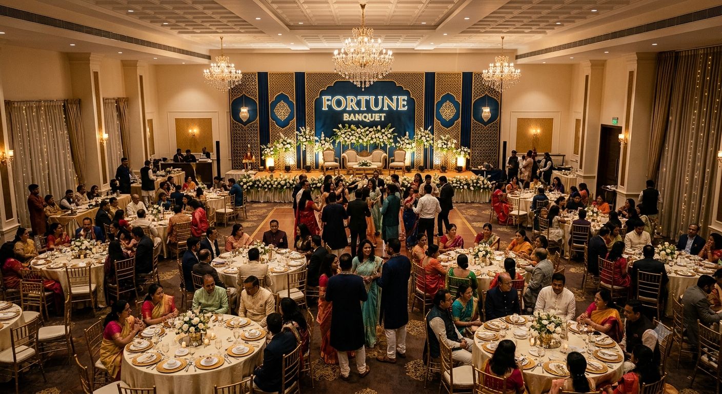 Un salón de banquetes con mesas redondas dispuestas para un evento formal, un escenario con un telón de fondo que dice 'FORTUNE BANQUET' y candelabros.