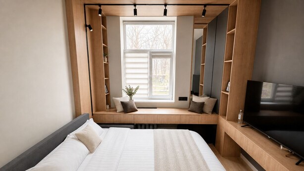 Un dormitorio con cama, televisor, ventana y estanterías empotradas.