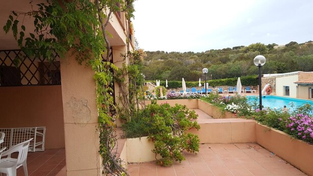 A pool area with lounge chairs and a swimming pool, surrounded by greenery and a hillside in the background. - THREE-ROOM APARTMENT RESIDENCE WITH SWIMMING POOL IN EXCLUSIVE AREA AND NEAR THE SEA (Porto Cervo)