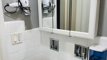 Hair dryer, towels, soap, toilet paper