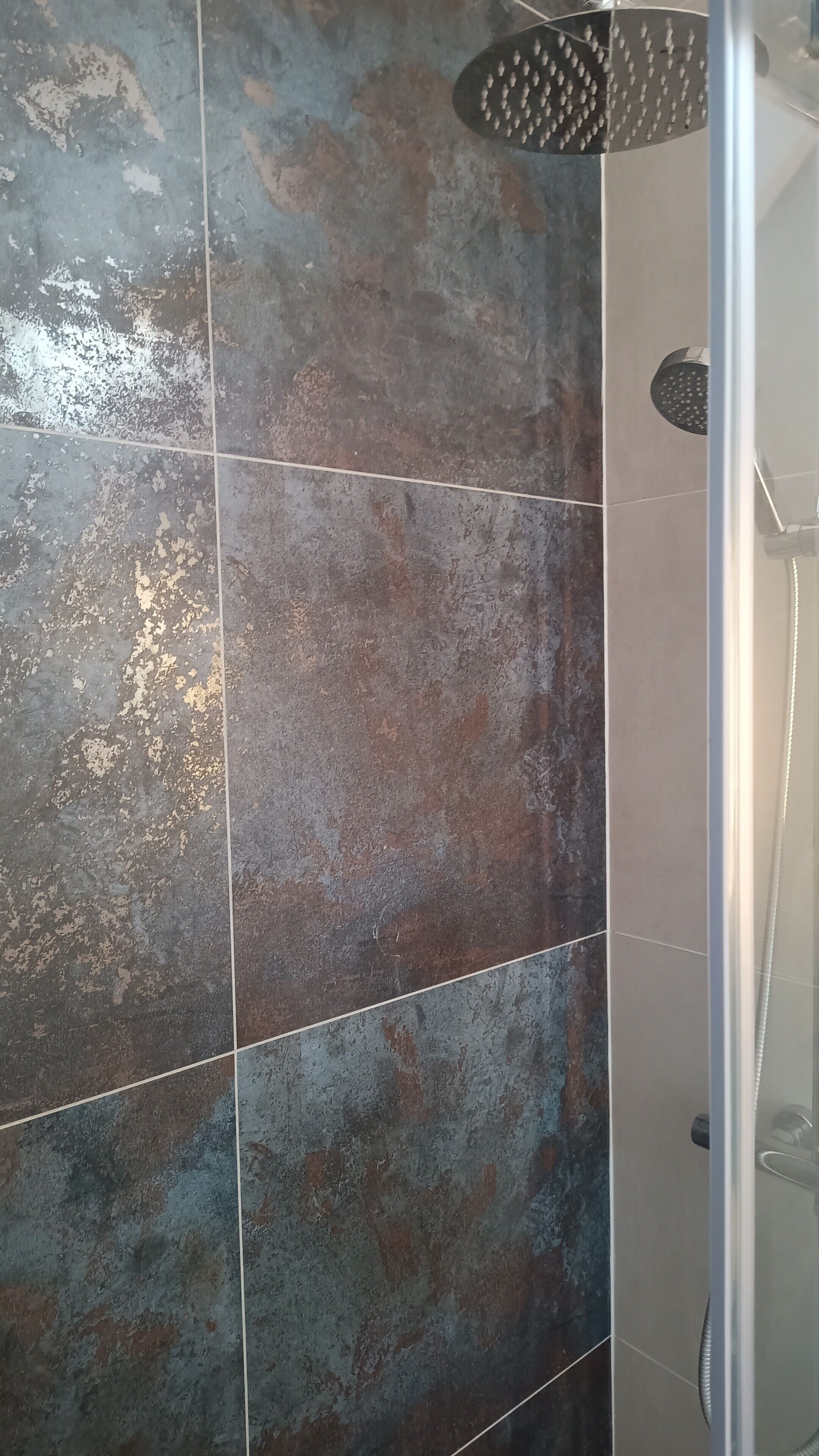 A shower area with a glass door and a showerhead.