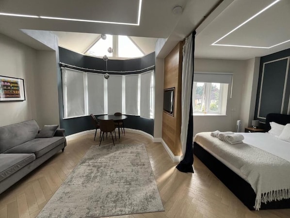 Luxury Studio | Premium bedding, memory foam beds, desk, blackout drapes