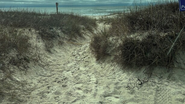 Un sentier de sable bordant la plage et menant à l’océan, sous un ciel nuageux.