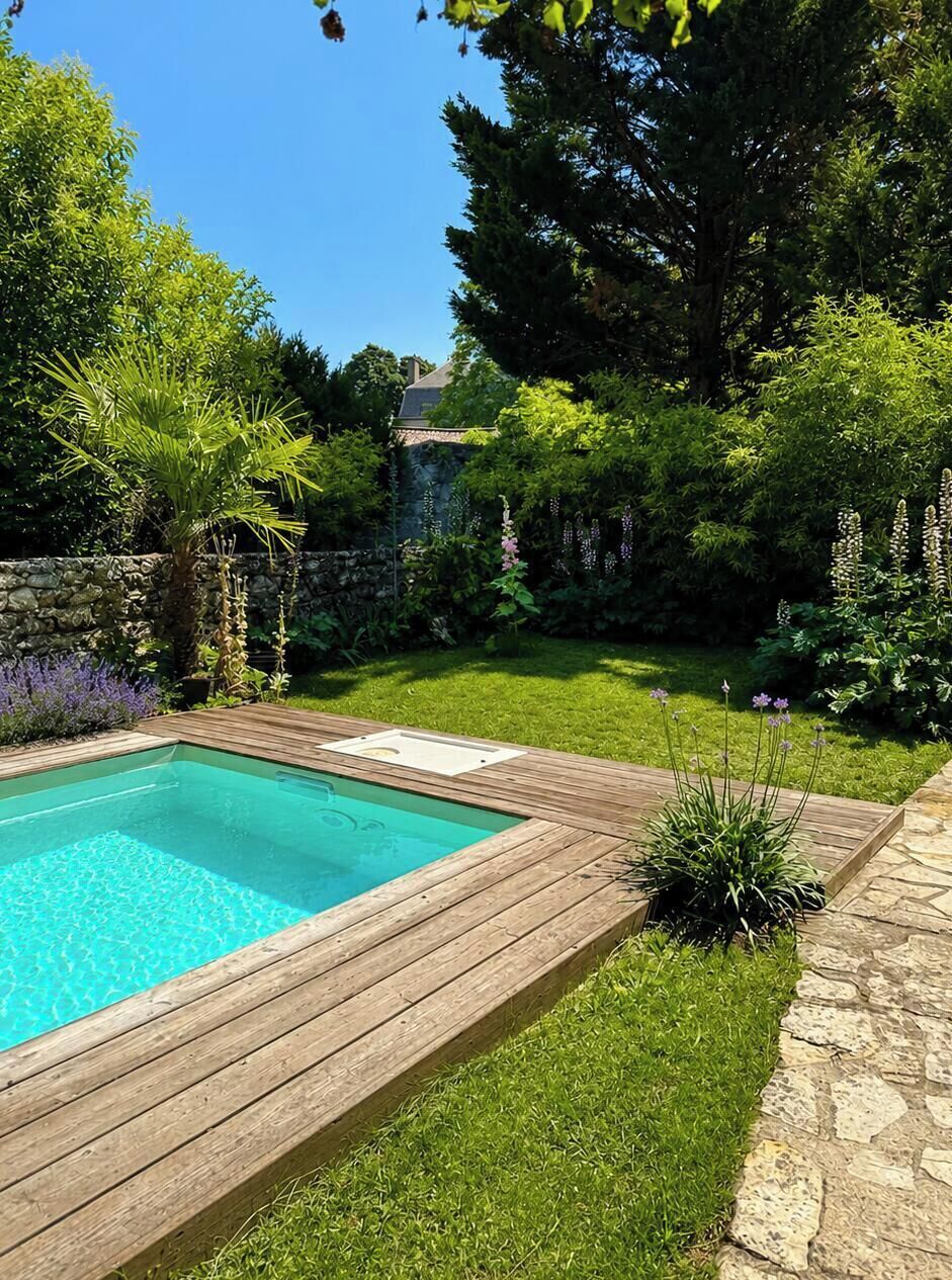 Una piscina con cubierta de madera, rodeada por un jardín cuidado con diversas plantas y un muro de piedra.