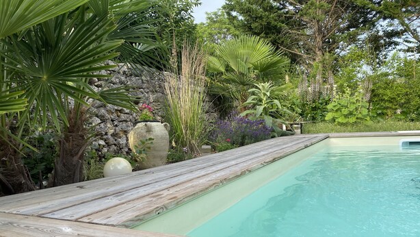 Une piscine dotée d’une terrasse en bois, entourée d’une végétation luxuriante et d’un mur de pierre.