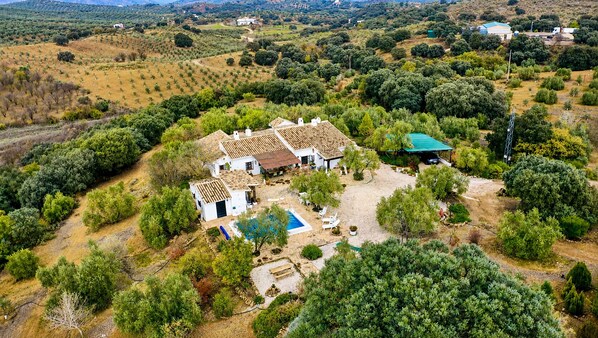 A house with a swimming pool, surrounded by trees and hills.