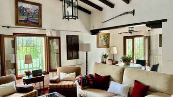 Smart-tv, een open haard, boeken en een stereo