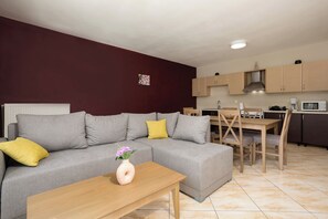 Apartment, 3 Bedrooms, Smoking, Patio | Living room - Tumeremos Holiday Apartment 3BR Private BBQ Garden (Zakynthos)