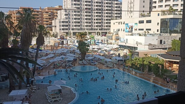 Una gran piscina al aire libre rodeada de sillas de descanso y sombrillas, con palmeras y vistas de rascacielos al fondo.