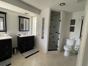 Hair dryer, towels, soap, shampoo