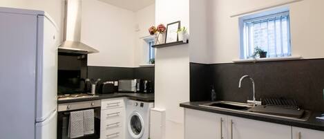 Fridge, microwave, oven, toaster