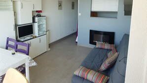Un angolo soggiorno funzionale con angolo cottura, zona pranzo, divano con cuscini colorati e televisione.