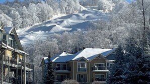 A two-story building with a snow-covered roof, surrounded by snow-laden trees and a mountain in the background.
