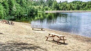 Une plage de sable avec des tables de pique-nique et un banc au bord d’un lac paisible, le tout entouré d’une forêt dense.