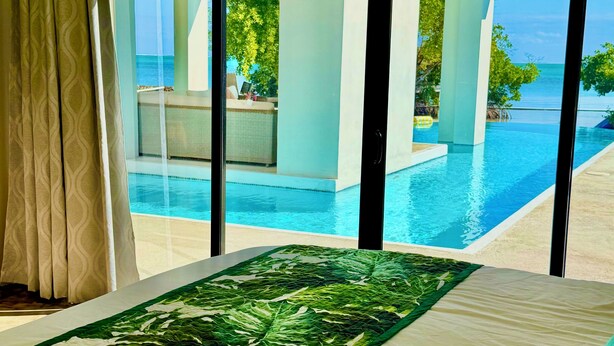 A room with a large window overlooking a pool and a view of the ocean. - Oceanfront 5 bedroom Hibiscus House Private Villa Beach BEST Pool on the Island (San Pedro)