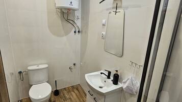 Regadera, toallas, jabón, papel de baño