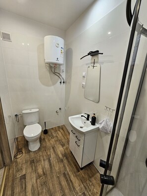 Shower, towels, soap, toilet paper