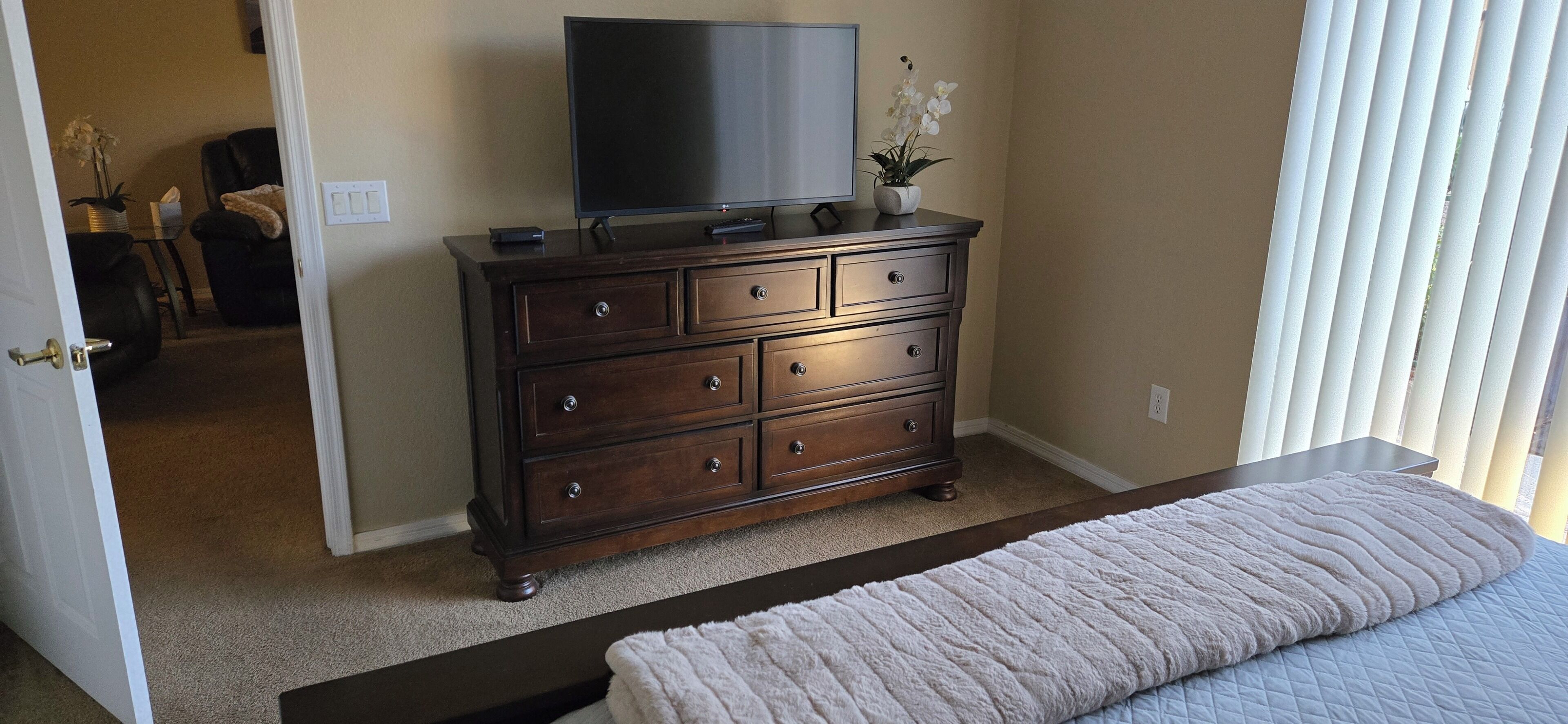 Une chambre à coucher avec un lit, une commode sur laquelle se trouve un téléviseur, une plante en pot et une porte donnant sur une autre pièce.