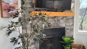 Uma sala de estar com lareira de pedra, televisão de tela plana montada acima e diversas plantas.