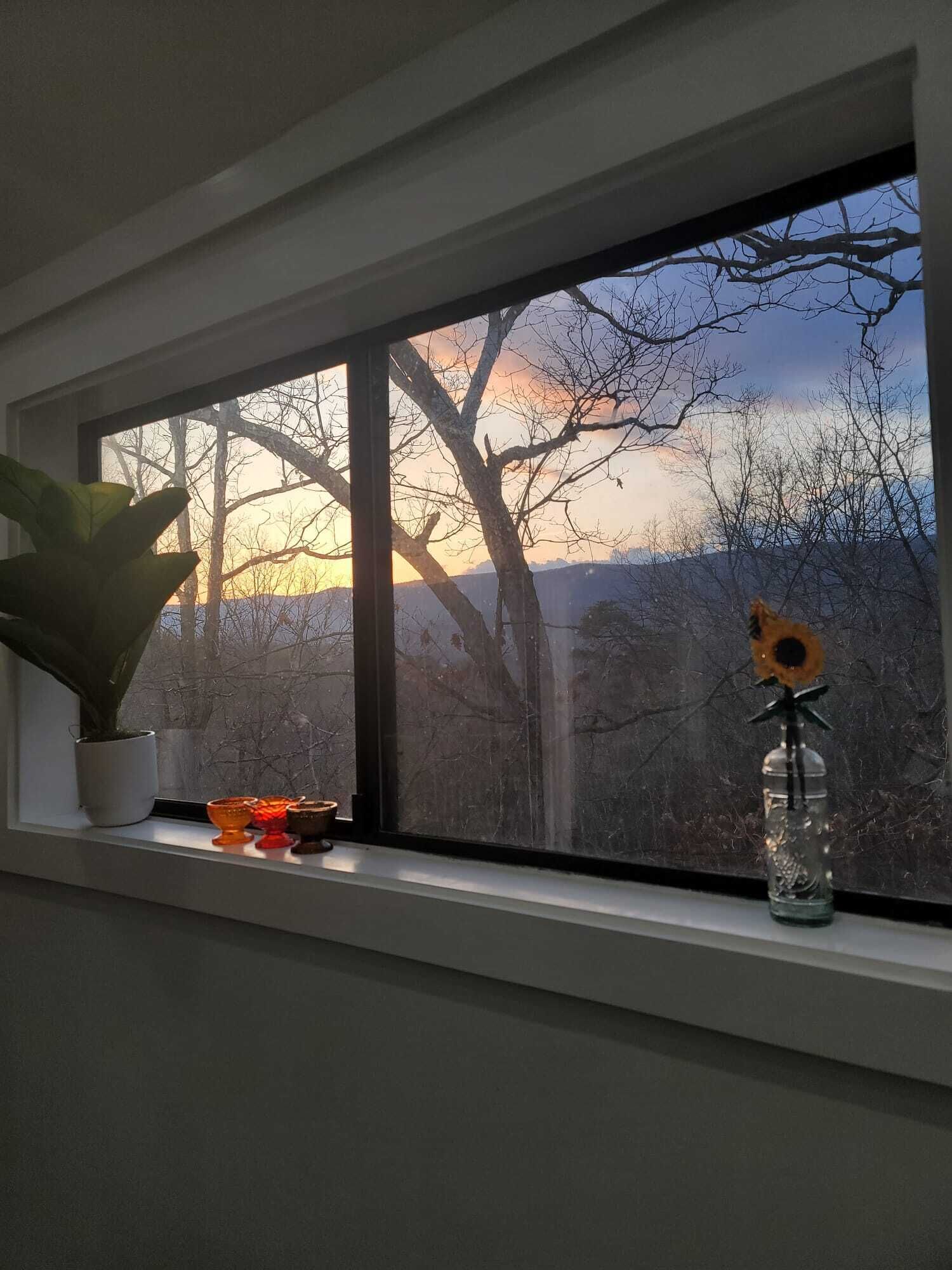 A window with a view of trees and a sunset.