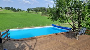 Une piscine avec une terrasse en bois, un fauteuil de jardin bleu et un arbre.