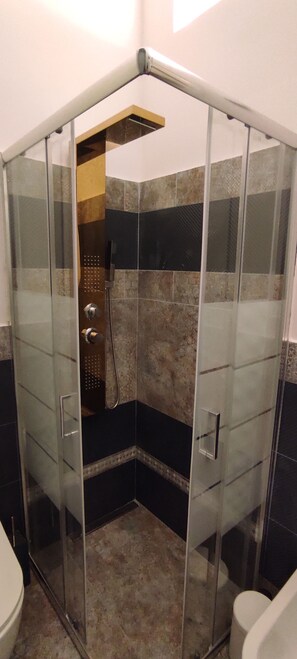Douche, séchoir à cheveux, bidet, serviettes fournies